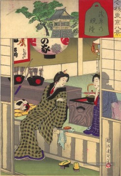 Deux geishas se détendant après avoir diverti Toyohara Chikanobu Peinture à l'huile
